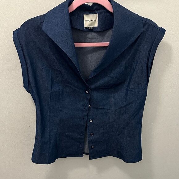 Royal Monk Tops - Denim Button Down Shirt - Navy